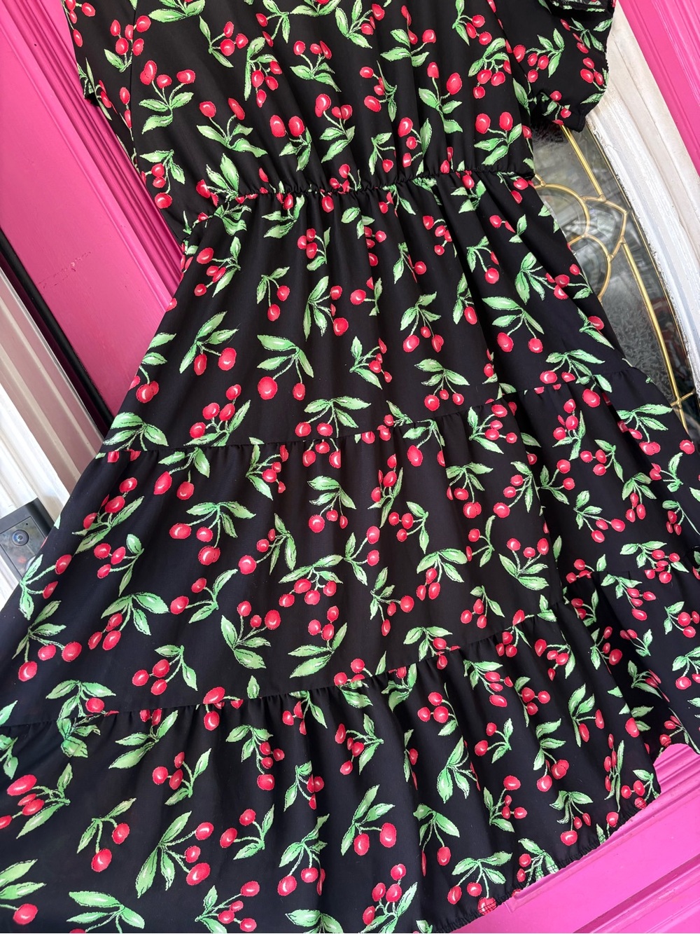Black Cherry Print pin up vintage retro Midi Dress with Elastic Waist - Picture 4 of 8